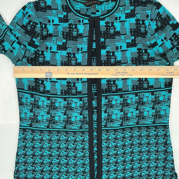 Ming Wang Cardigan Size S Turquoise Black Artsy Print Quiet Luxury Art-to-Wear - Picture 12 of 13